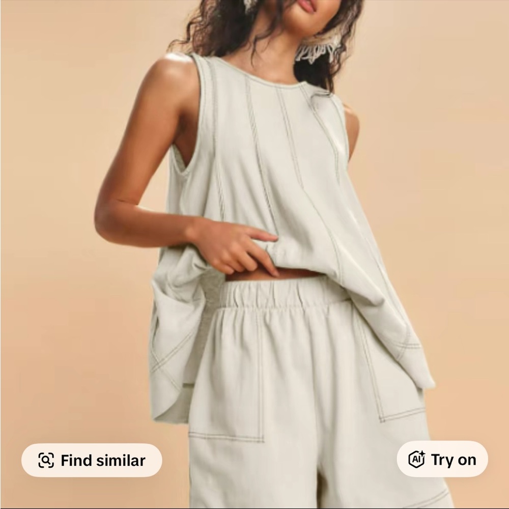 Cream/Beige Sleeveless Tank and Elastic Waist Shorts Set